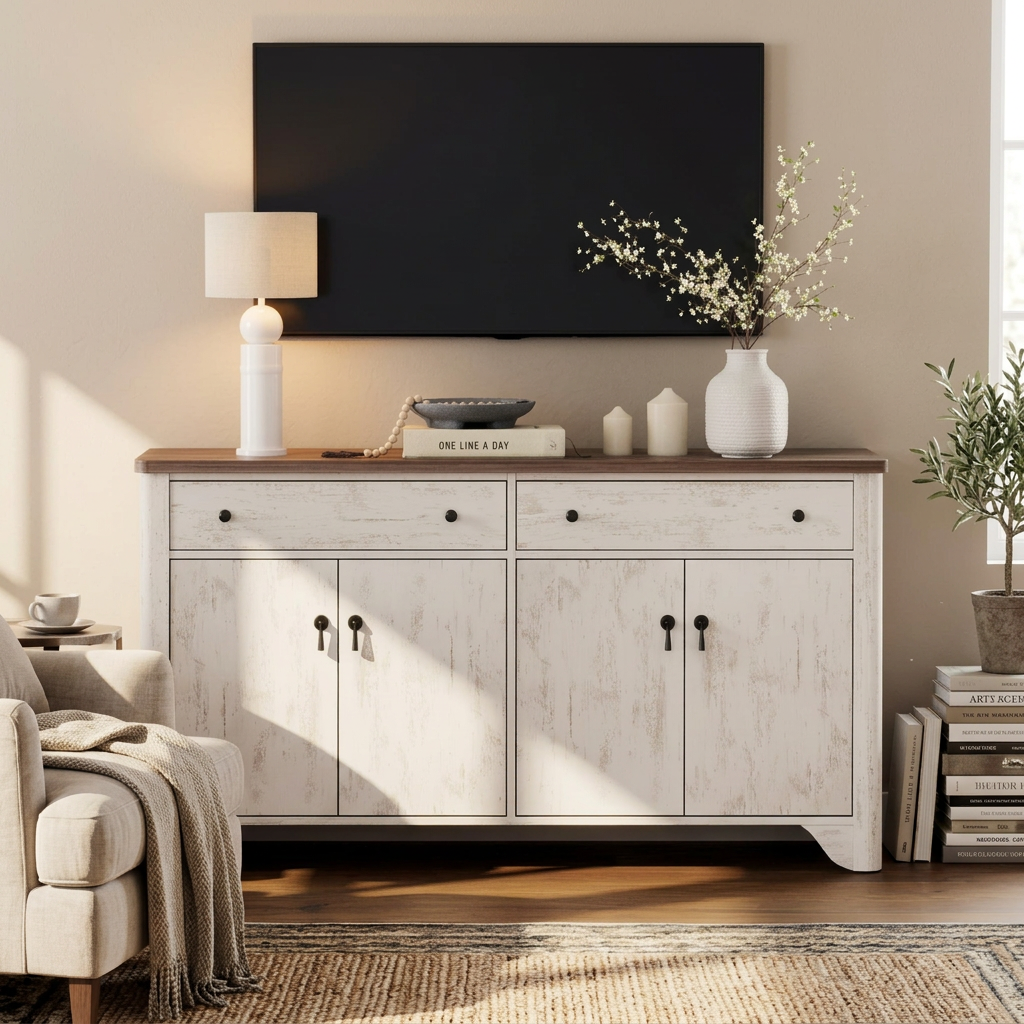 59 Farmhouse TV Stand for 65 inch TV, Wood Entertainment Center with 2 Drawers and Storage Cabinets, Adjustable Shelves