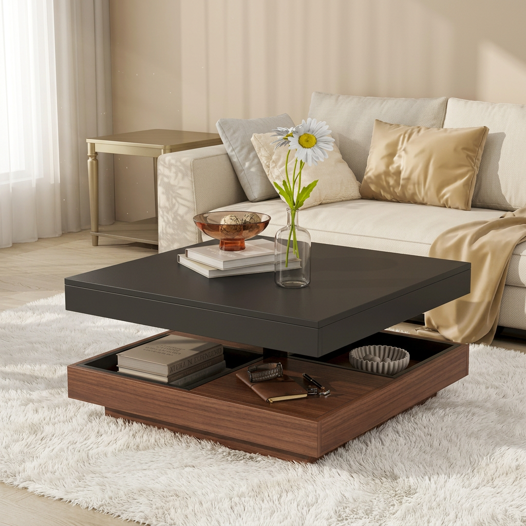 Mesa de centro cuadrada moderna de 2 niveles, giratoria 360, con 3 bandejas desmontables