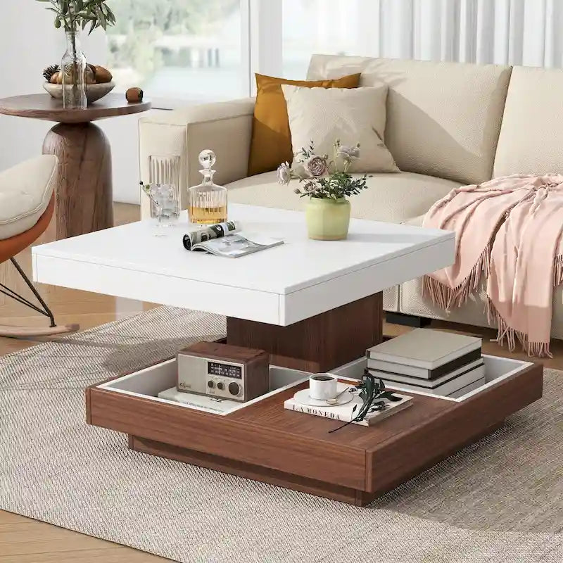 Modern 2-Tier Square 360Rotating Coffee Table with 3 Detachable Tray