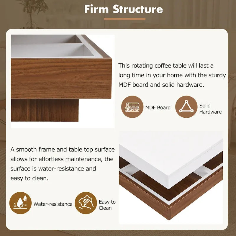 Modern 2-Tier Square 360Rotating Coffee Table with 3 Detachable Tray