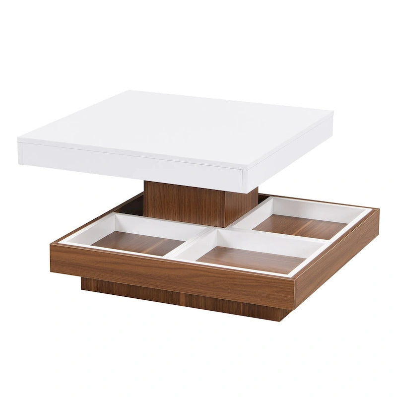 Modern 2-Tier Square 360Rotating Coffee Table with 3 Detachable Tray