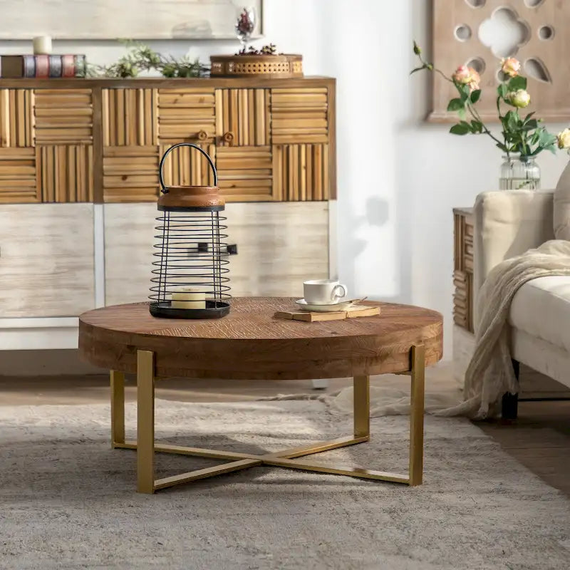 Modern Retro Splicing Round Coffee Table Simple Coffee Table with Fir Wood Tabletop Gold Cross Leg, for Living Room