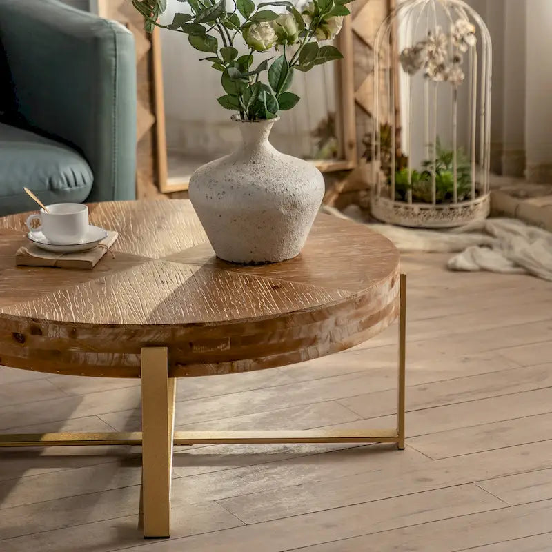 Modern Retro Splicing Round Coffee Table Simple Coffee Table with Fir Wood Tabletop Gold Cross Leg, for Living Room