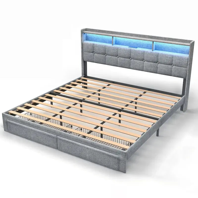 Cama de plataforma tamaño king con estación de carga rápida y cabecero con almacenamiento, iluminación RGB, puertos USB de 20 W