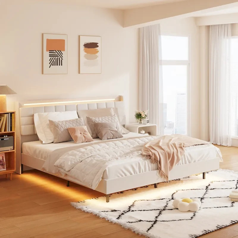 Cama de plataforma tapizada flotante tamaño king, beige, con cabecero y espacio de almacenamiento oculto