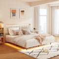 Cama de plataforma tapizada flotante tamaño king, beige, con cabecero y espacio de almacenamiento oculto