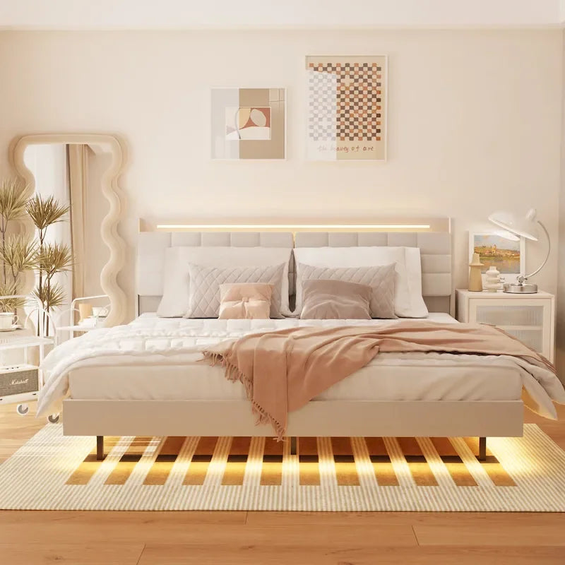 Cama de plataforma tapizada flotante tamaño king, beige, con cabecero y espacio de almacenamiento oculto