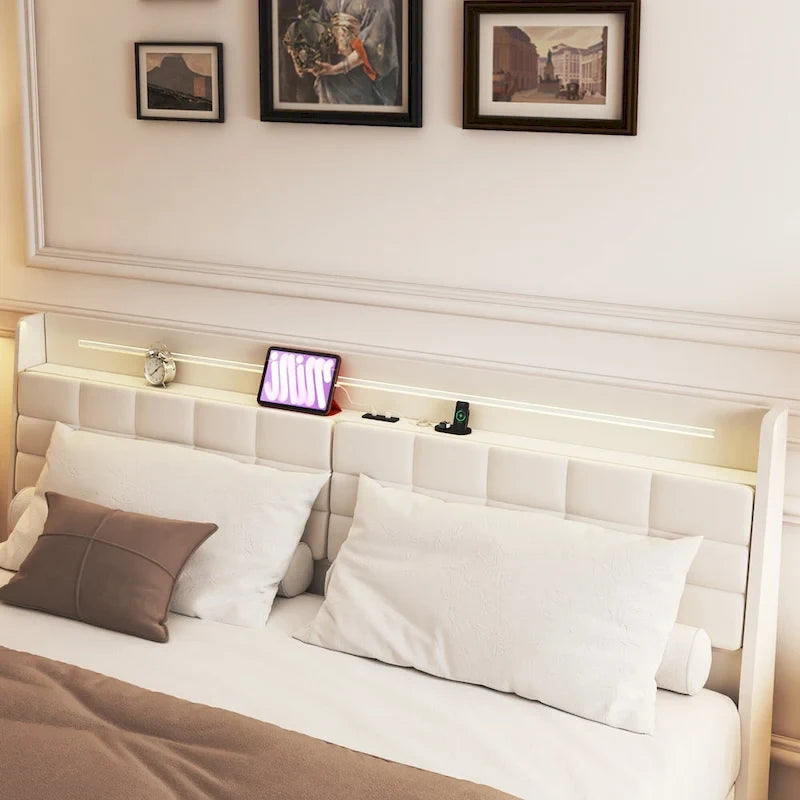 Cama de plataforma tapizada flotante tamaño king, beige, con cabecero y espacio de almacenamiento oculto