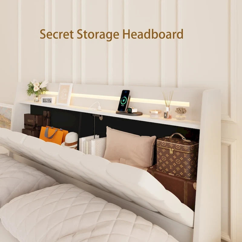 Cama de plataforma tapizada flotante tamaño king, beige, con cabecero y espacio de almacenamiento oculto