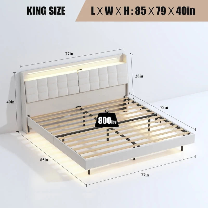 Cama de plataforma tapizada flotante tamaño king, beige, con cabecero y espacio de almacenamiento oculto