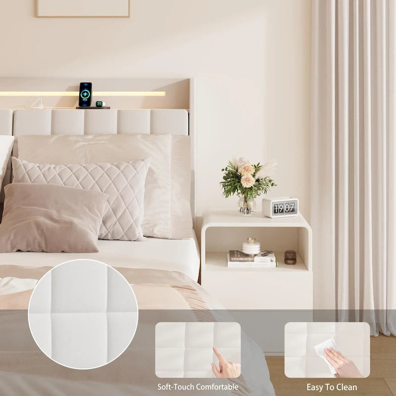 Cama de plataforma tapizada flotante tamaño king, beige, con cabecero y espacio de almacenamiento oculto