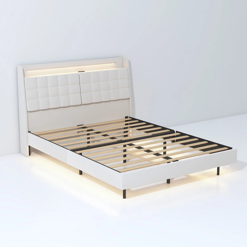 Cama de plataforma tapizada flotante tamaño king, beige, con cabecero y espacio de almacenamiento oculto