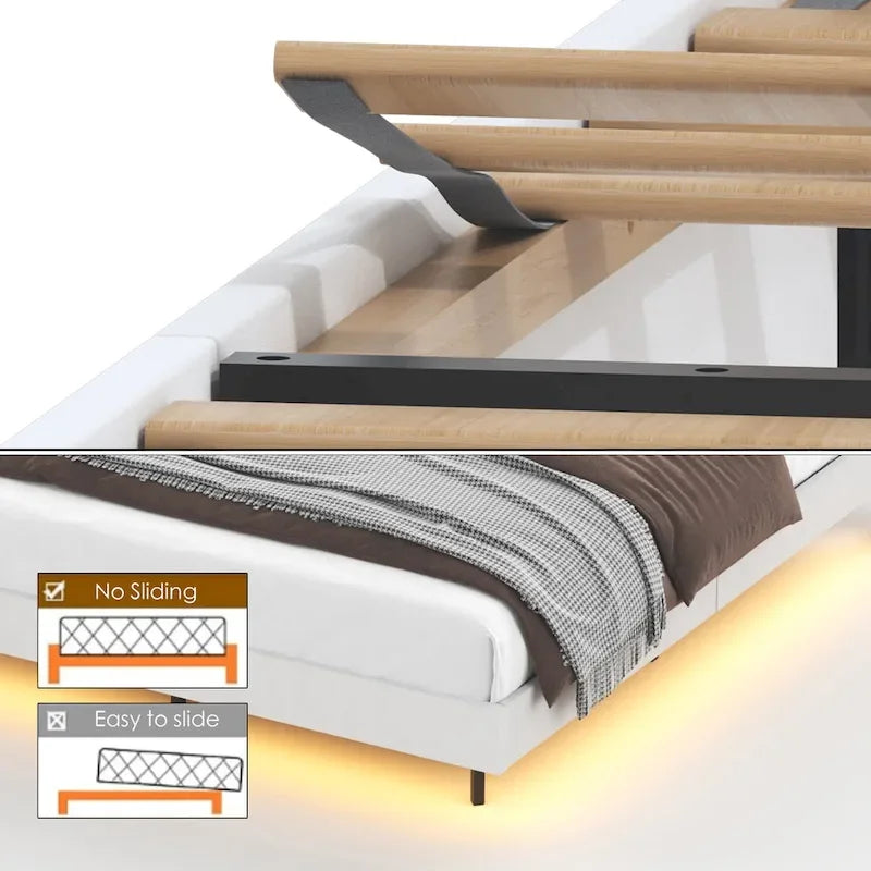 Cama de plataforma tapizada flotante tamaño king, beige, con cabecero y espacio de almacenamiento oculto