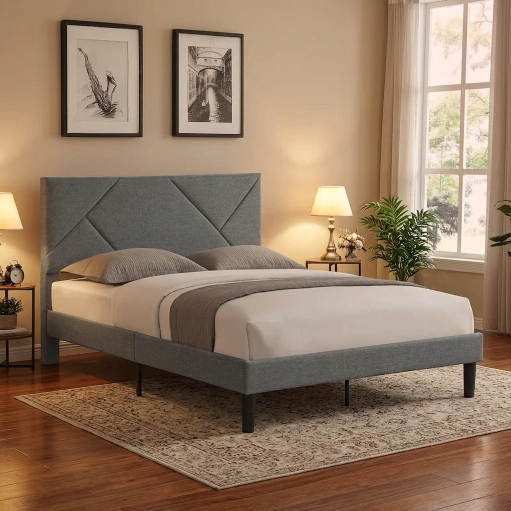 Cama tapizada tamaño Queen con sólido soporte de listones de madera
