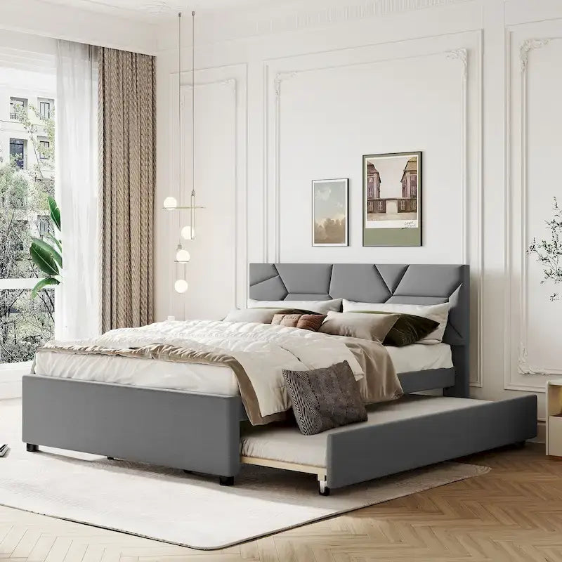 Estructura de cama de plataforma tapizada en lino con cama nido y cabecero con patrón de ladrillos