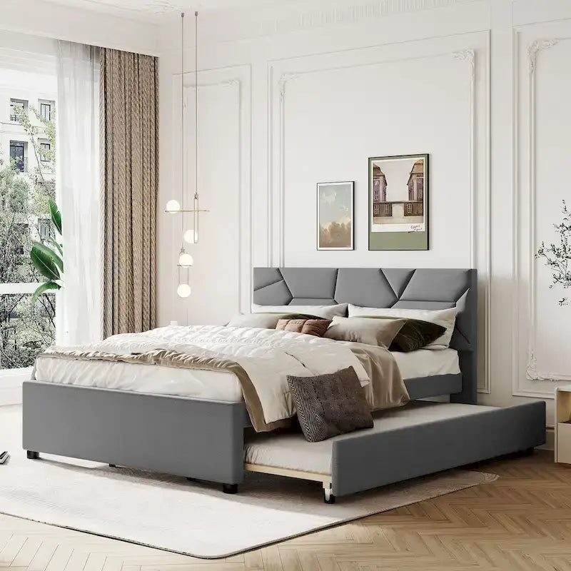 Linen Upholstered Platform Bed Frame with Trundle and Brick Pattern Headboard
