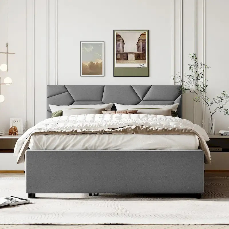 Estructura de cama de plataforma tapizada en lino con cama nido y cabecero con patrón de ladrillos