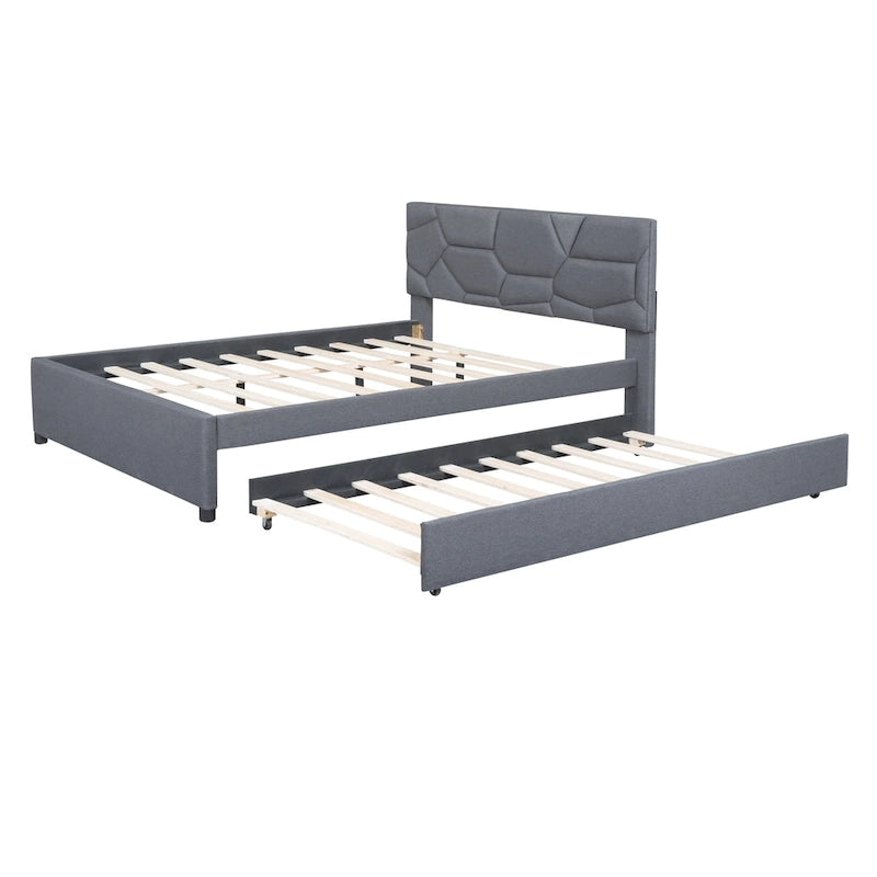 Estructura de cama de plataforma tapizada en lino con cama nido y cabecero con patrón de ladrillos