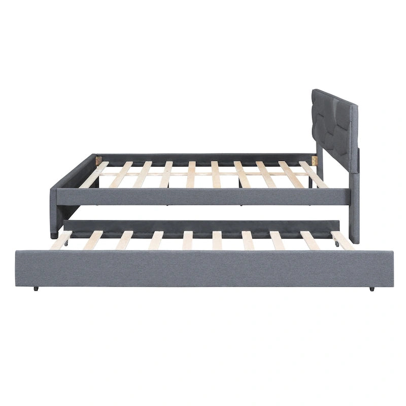 Estructura de cama de plataforma tapizada en lino con cama nido y cabecero con patrón de ladrillos