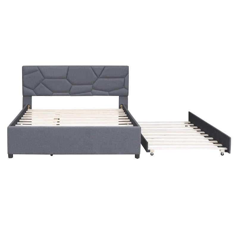 Estructura de cama de plataforma tapizada en lino con cama nido y cabecero con patrón de ladrillos