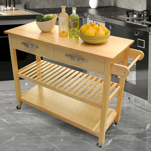 Carrito de isla de cocina de 45 pulgadas con ruedas, 2 cajones y estantes de almacenamiento abiertos - 45 x 17 x 35 pulgadas