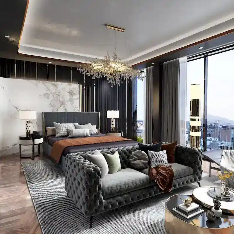 Estructura de cama moderna iluminada con detalles dorados - Diseño tapizado elegante