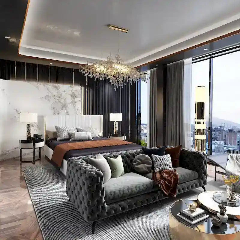 Estructura de cama moderna iluminada con detalles dorados - Diseño tapizado elegante