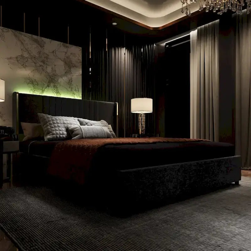 Estructura de cama moderna iluminada con detalles dorados - Diseño tapizado elegante
