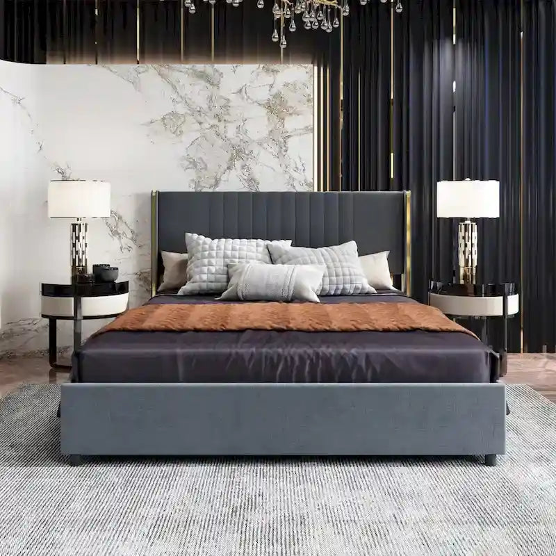 Estructura de cama moderna iluminada con detalles dorados - Diseño tapizado elegante