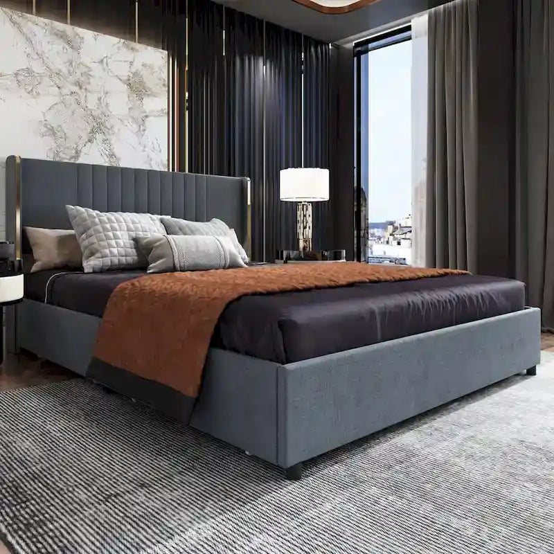 Estructura de cama moderna iluminada con detalles dorados - Diseño tapizado elegante