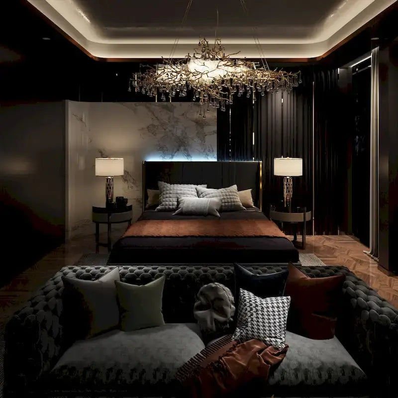 Estructura de cama moderna iluminada con detalles dorados - Diseño tapizado elegante