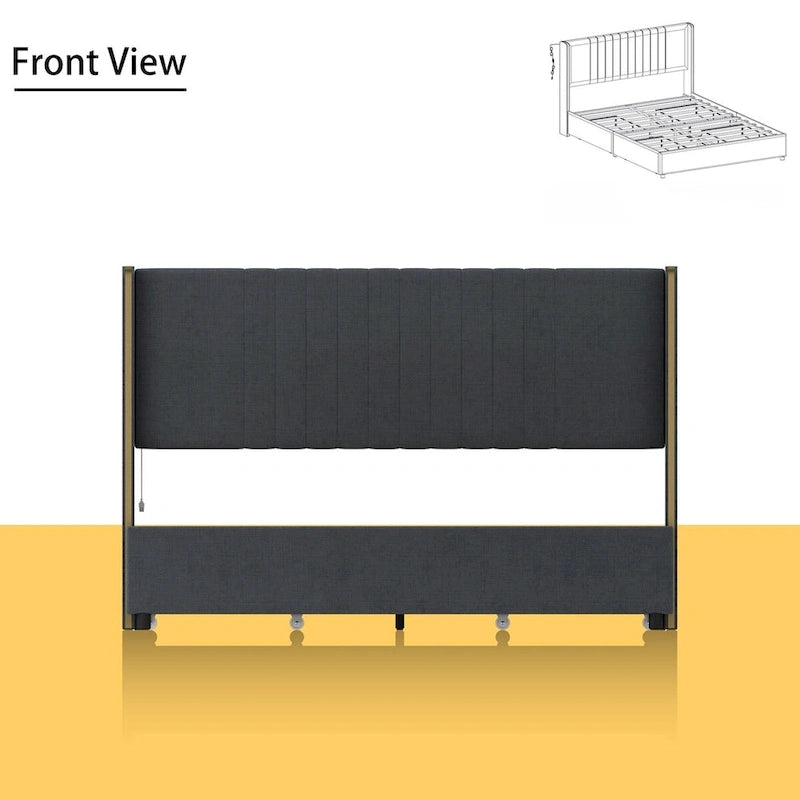 Estructura de cama moderna iluminada con detalles dorados - Diseño tapizado elegante