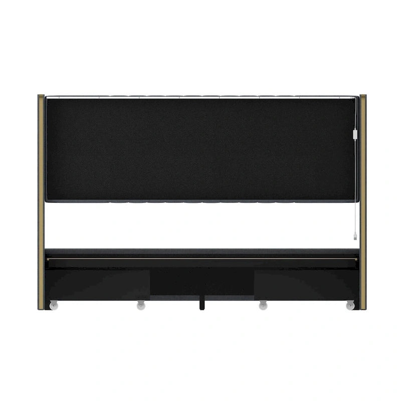 Estructura de cama moderna iluminada con detalles dorados - Diseño tapizado elegante