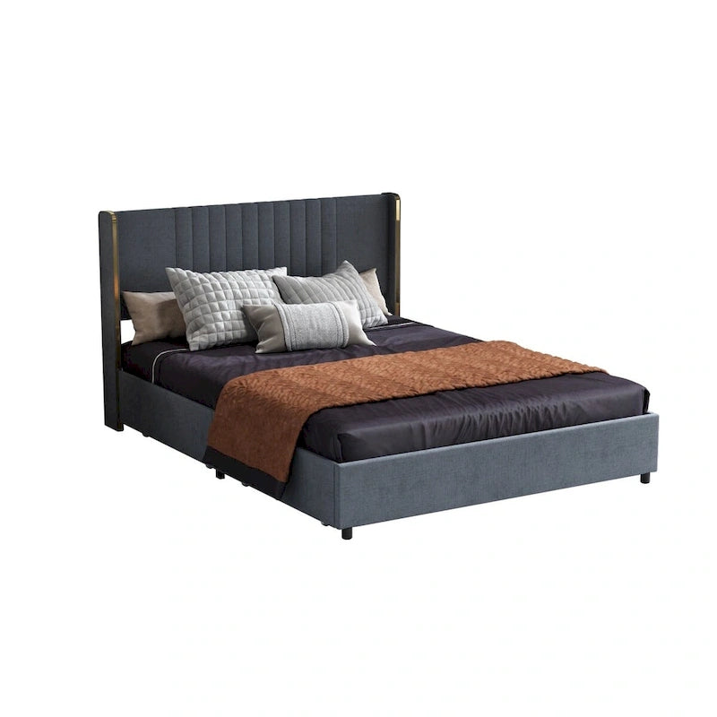 Estructura de cama moderna iluminada con detalles dorados - Diseño tapizado elegante