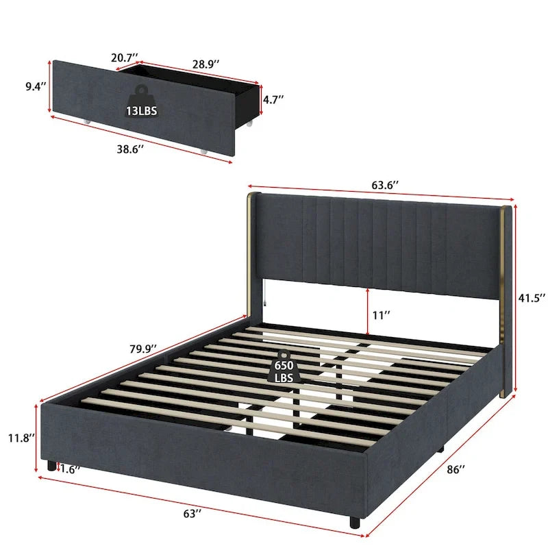 Estructura de cama moderna iluminada con detalles dorados - Diseño tapizado elegante