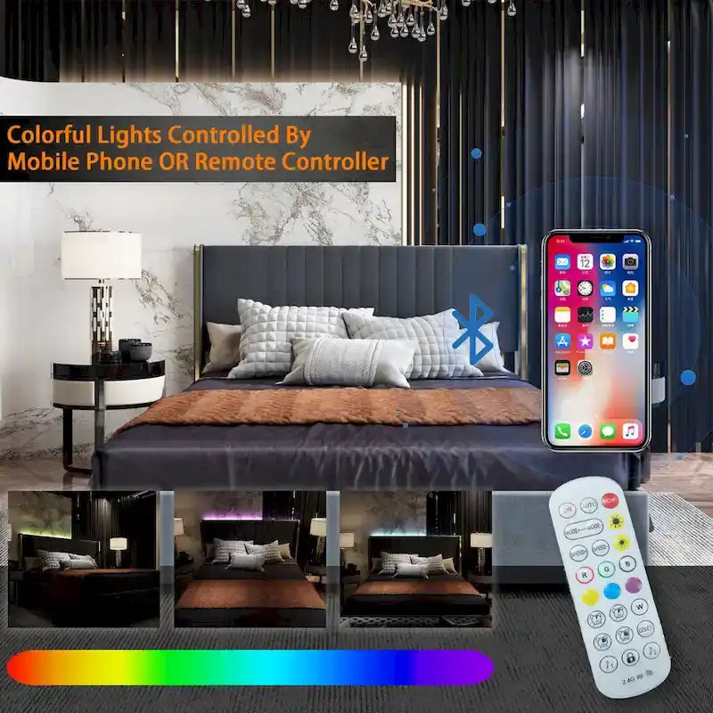 Estructura de cama moderna iluminada con detalles dorados - Diseño tapizado elegante