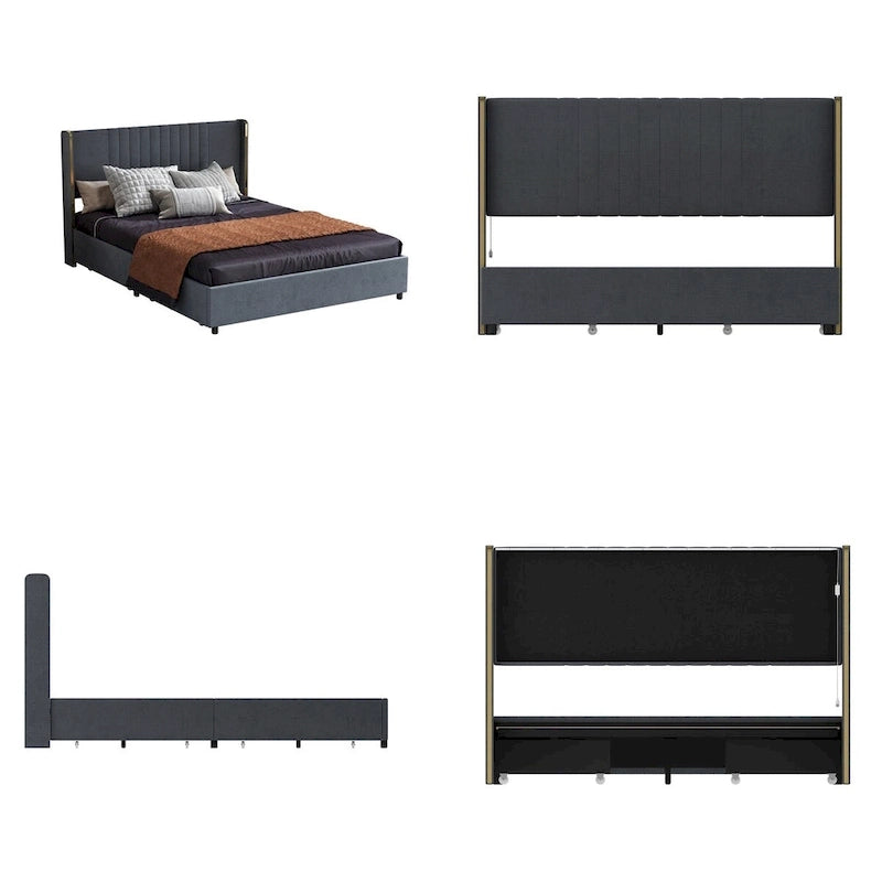 Estructura de cama moderna iluminada con detalles dorados - Diseño tapizado elegante