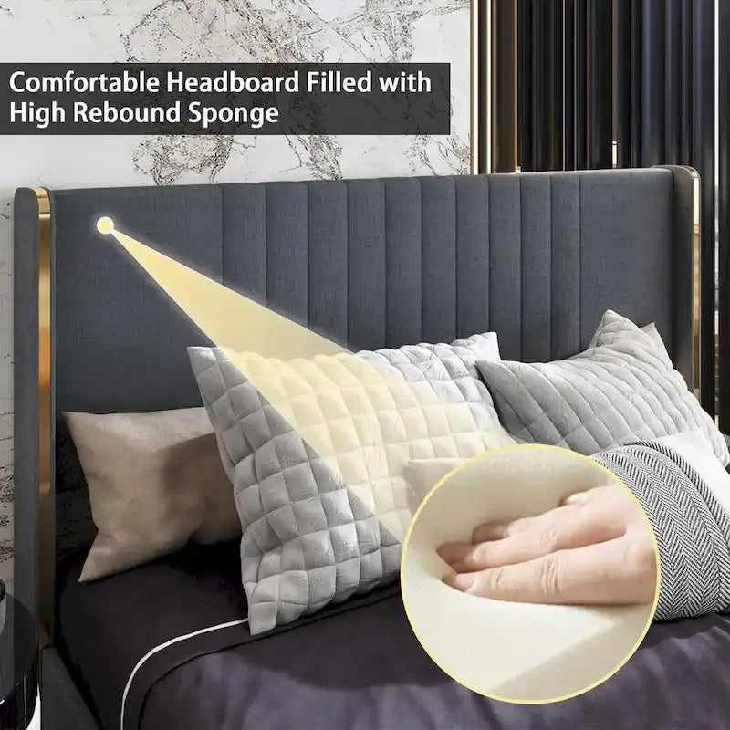Estructura de cama moderna iluminada con detalles dorados - Diseño tapizado elegante