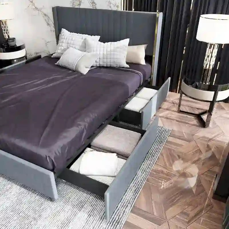 Estructura de cama moderna iluminada con detalles dorados - Diseño tapizado elegante