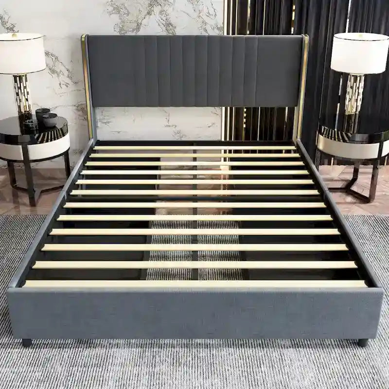 Estructura de cama moderna iluminada con detalles dorados - Diseño tapizado elegante