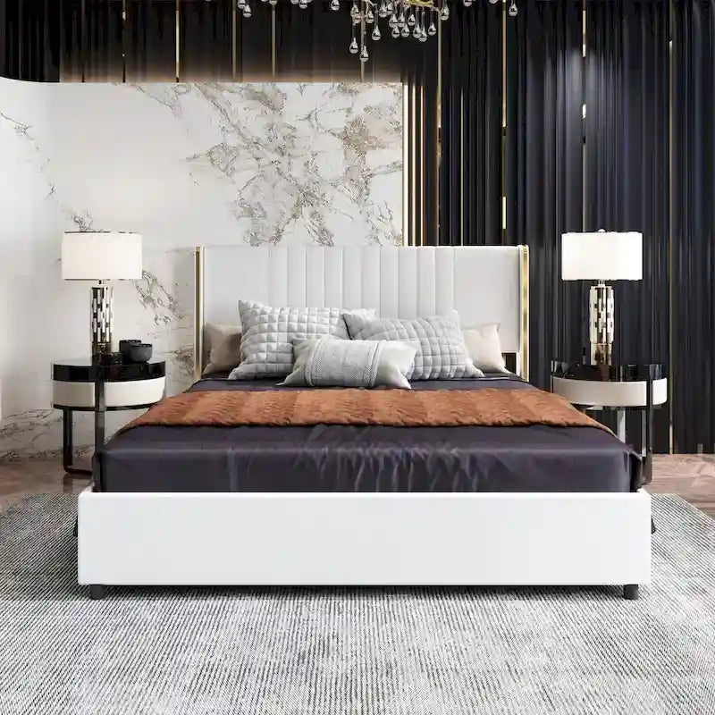 Estructura de cama moderna iluminada con detalles dorados - Diseño tapizado elegante