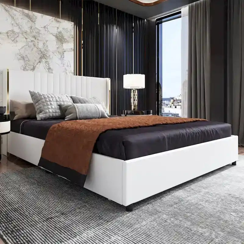 Estructura de cama moderna iluminada con detalles dorados - Diseño tapizado elegante