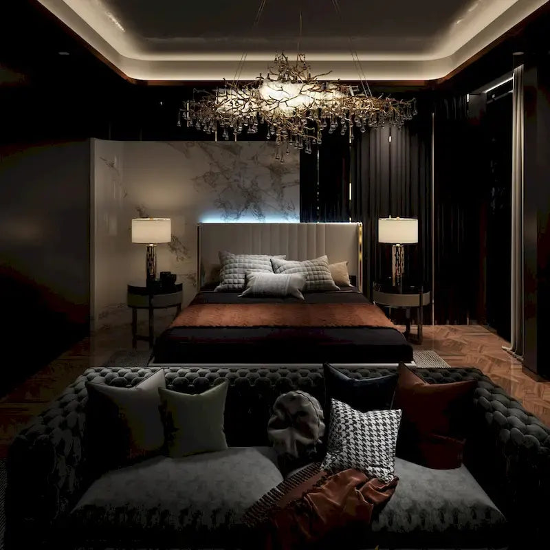 Estructura de cama moderna iluminada con detalles dorados - Diseño tapizado elegante