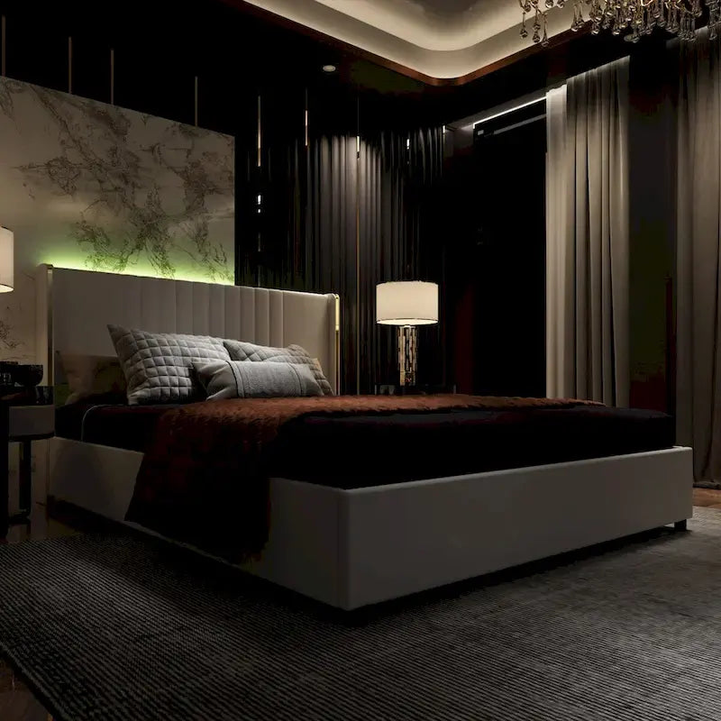 Estructura de cama moderna iluminada con detalles dorados - Diseño tapizado elegante
