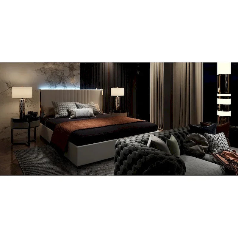 Estructura de cama moderna iluminada con detalles dorados - Diseño tapizado elegante