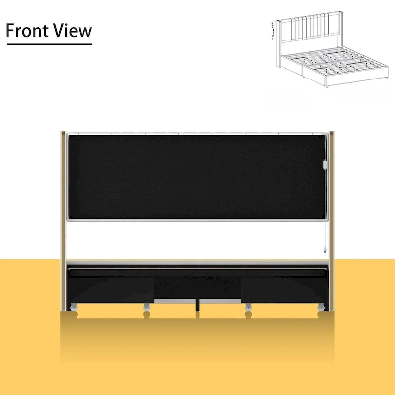 Estructura de cama moderna iluminada con detalles dorados - Diseño tapizado elegante