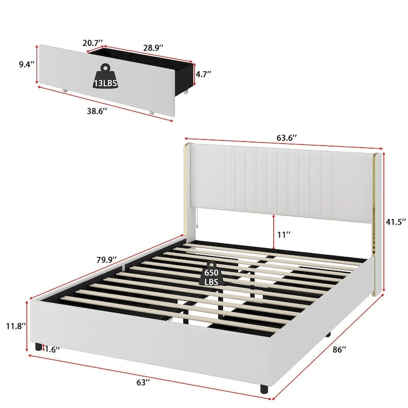 Estructura de cama moderna iluminada con detalles dorados - Diseño tapizado elegante