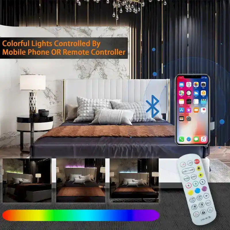 Estructura de cama moderna iluminada con detalles dorados - Diseño tapizado elegante