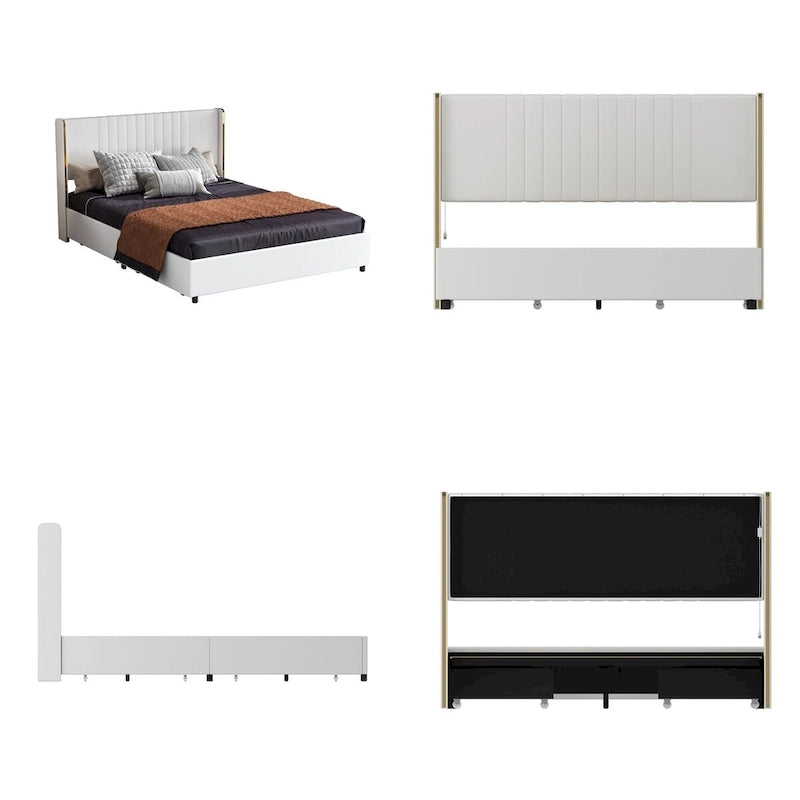 Estructura de cama moderna iluminada con detalles dorados - Diseño tapizado elegante