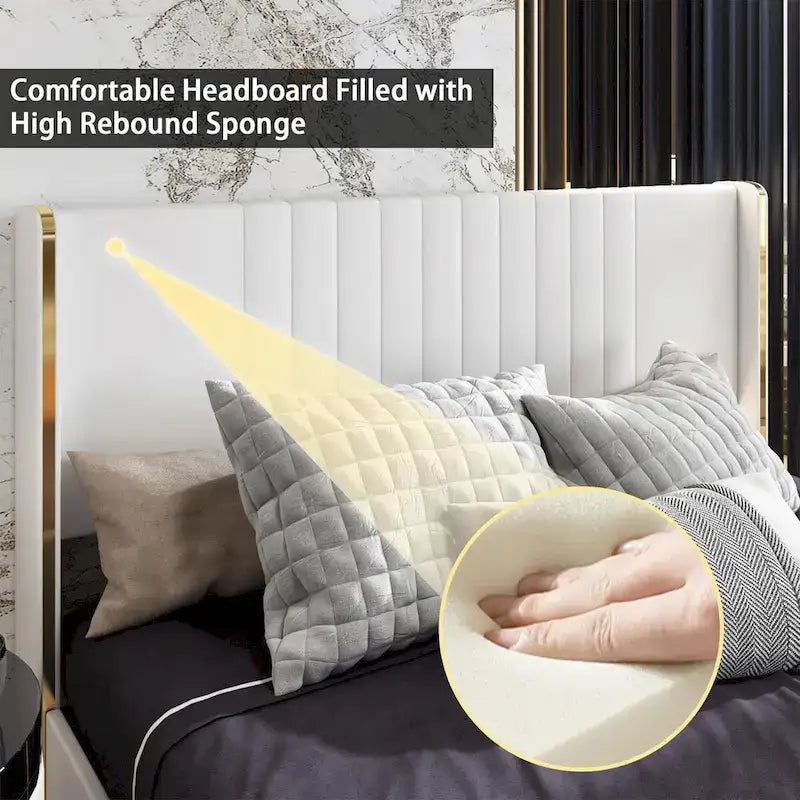 Estructura de cama moderna iluminada con detalles dorados - Diseño tapizado elegante